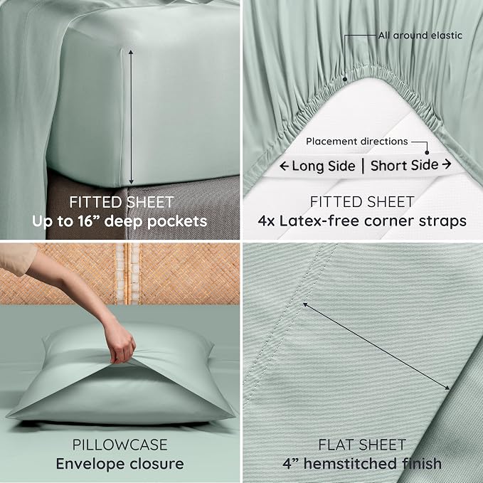 Bambaw 100% Viscose Derived from Bamboo Sheets California King Size – 4pcs Deep Pocket Cooling Sheets, Fits Up to 16'', Buttery Soft & Luxury California King Set (Sea Glass)