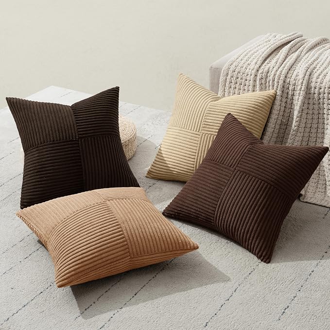 MIULEE Boho Decorative Throw Pillow Covers 18x18 Set of 4 Farmhouse Neutral Cushion Cases Gradient Corduroy Pillow Cases Modern Soft Corduroy Patchwork Home Decor for Couch Sofa Bedroom Dark Brown