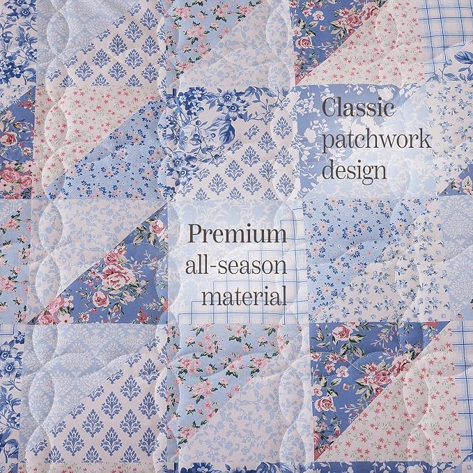Twin/Twin XL Quilt Set-2 Pieces Soft Bedding Floral Patchwork Coverlet | All Seasons Lightweight Quilts Queen Size, 1 Quilt (66" x 92") and 1 Sham (20" x 26"), Reversible Bedspread, Blue Pink