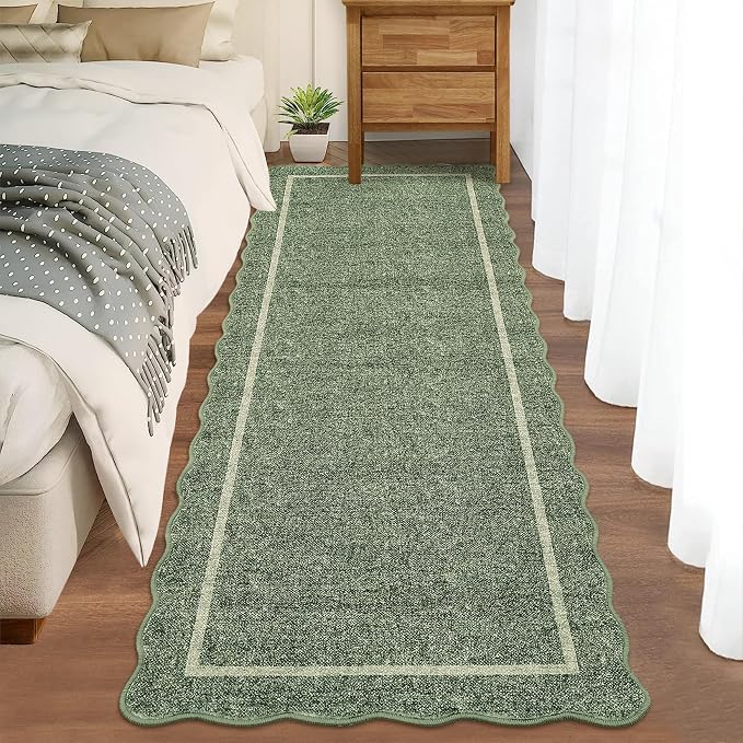 GarveeHome Scalloped Runner Rug for Hallway 2x10 Washable, Greyish Green | Kitchen Rugs Non Slip Modern Entryway Rug Farmhouse Soft Bathroom Rugs Stain Resistant Carpet for Hallway Laundry Bedroom