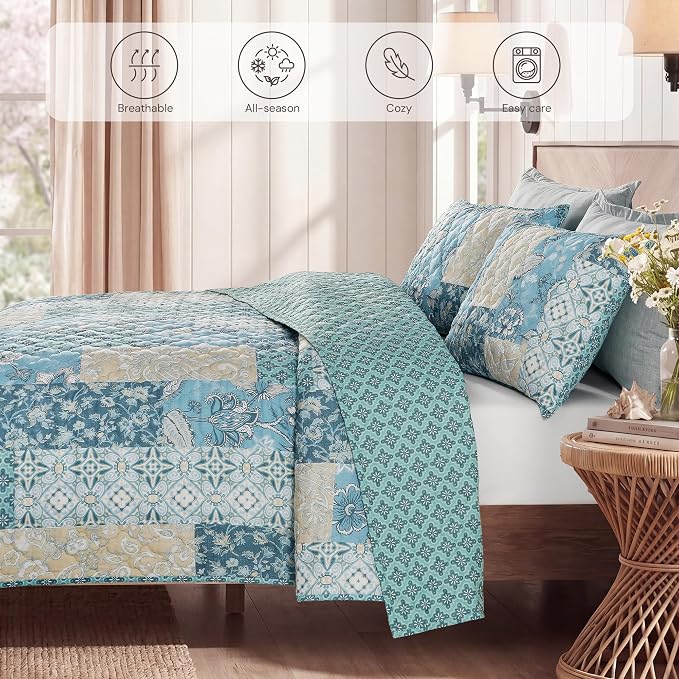 King Quilt Set-3 Pieces Soft Bedding Lightweight Floral Patchwork Coverlet | All Seasons Quilts Queen Size for Bed, 1 Quilt (106" x 94") and 2 Shams (20" x 36"), Vintage Bedspread, Blue Tile