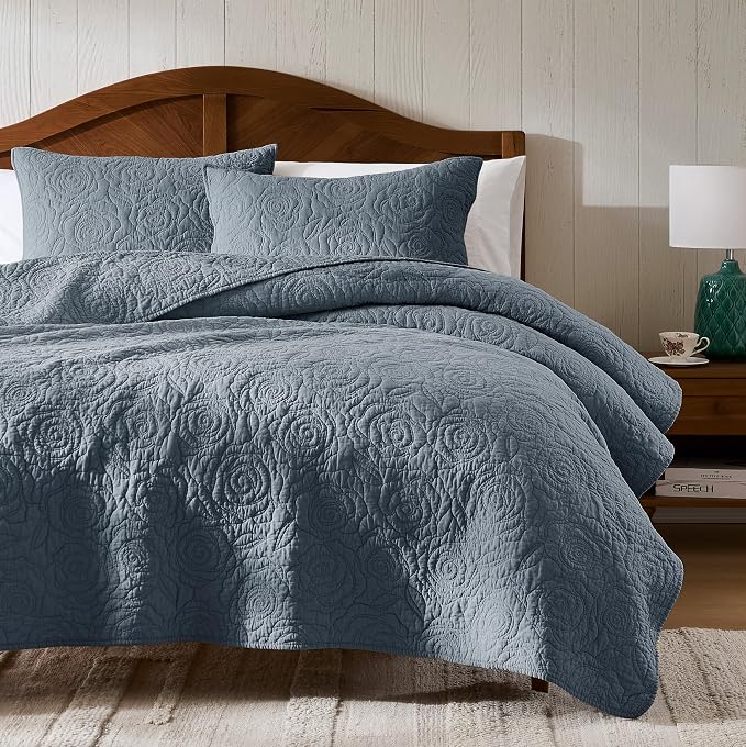WDCOZY 100% Cotton Queen Size Quilt Bedding Sets Floral Rosette Dusty Blue | Pre-Washed Thin Farmhouse Bedspread, 90"x96" Comforter + 2 Shams 20"x26", Lightweight Coverlet, All-Season, Machine Washable