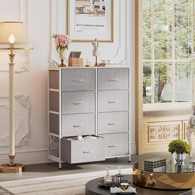WLIVE Fabric Dresser for Bedroom, Tall Dresser with 8 Drawers, Storage Tower with Fabric Bins, Double Dresser, Chest of Drawers for Closet, Playroom, Dormitory, Light Grey | 8-drawer tall storage tower with fabric bins and wood tabletop, breathable non...