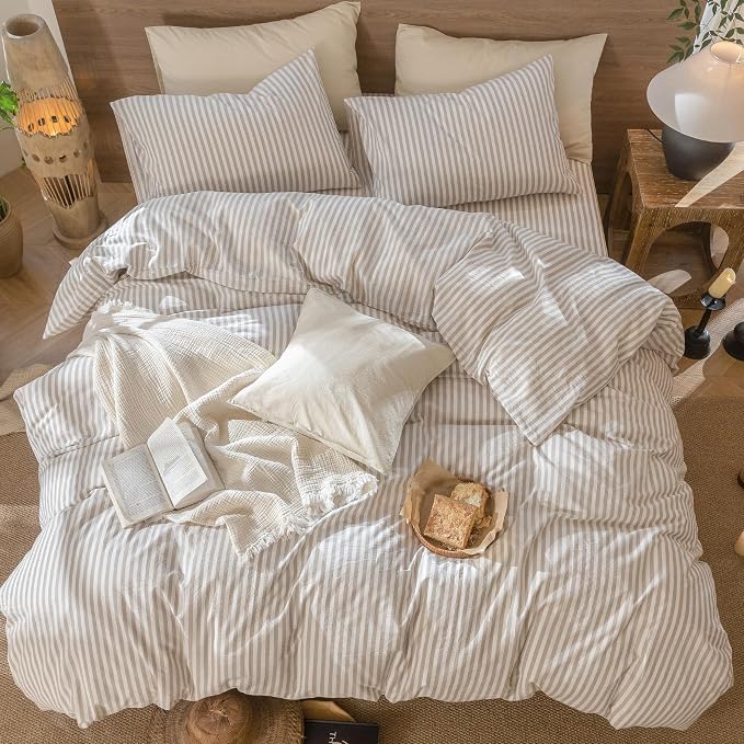 MooMee Striped Duvet Cover Set 100% Washed Cotton Linen Like Super King | Relaxed Linen-like Texture. Soft, Breathable & Long-lasting Comfort. Lightweight. Hidden Zipper with 8 Interior Corner Ties