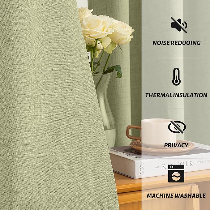 Yakamok Sage Linen Textured Curtains 63 Inches Long for Living Room | 100% Blackout Curtains,Room Darkening Curtains,Thermal Grommet Bedroom Curtain 2 Panels with Greyish White Liner,52W x 63L
