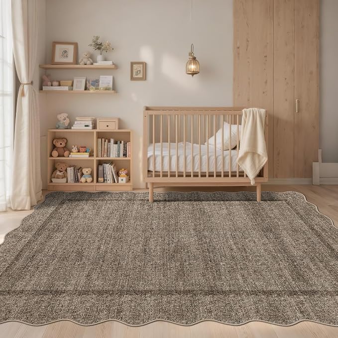 GarveeHome Scalloped Washable Rugs for Entryway 3x5 Non-Slip, Taupe | Entry Rug Printed Faux Wool 3x5 Area Rug Thin Floor Carpet for Kitchen, Bedroom, Office, Living Room