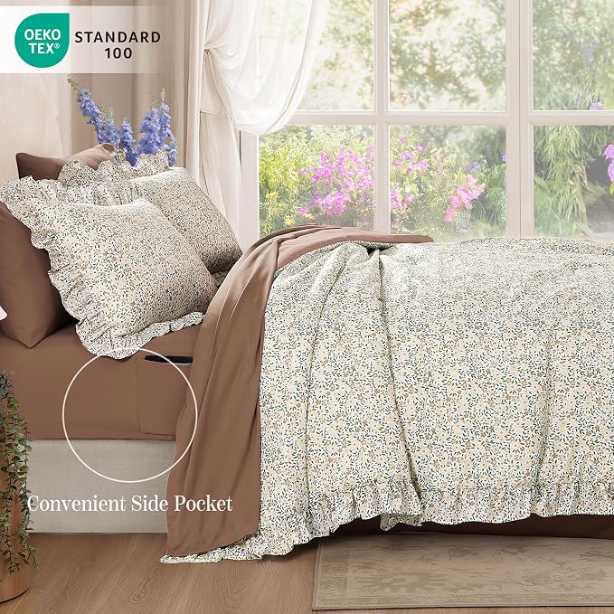 King Size Comforter Set-7 Pieces Floral Ruffle Bedding Set | Beige Ditzy Bed in a Bag, Soft Lightweight All Season Farmhouse King Size Bedding Sets with Sheets, Pillowcases & Shams