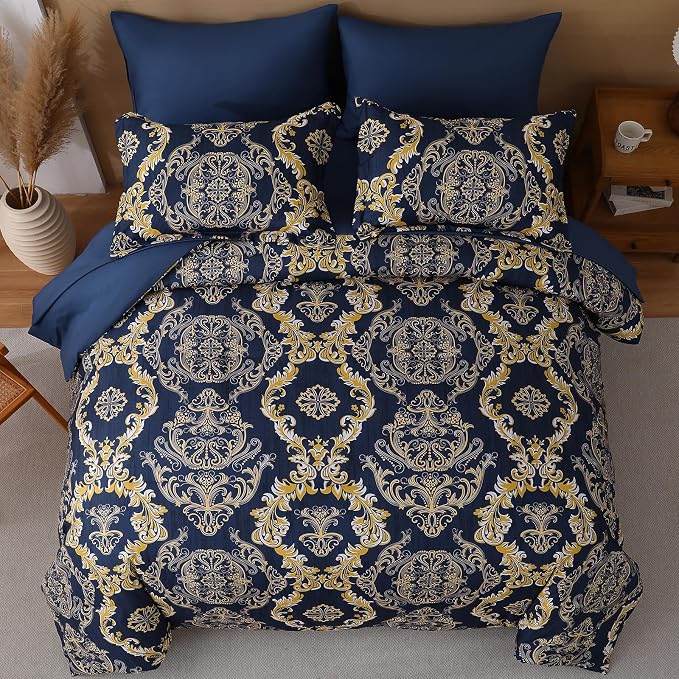 WONGS BEDDING Blue Gold Comforter Set King Size, Damask Texture 7 Pieces Bed in a Bag Microfiber Comforter Bedding Sets -1 Comforter, 1 Flat Sheet, 1 Fitted Sheet, 2 Pillow Shams, 2 Pillowcases