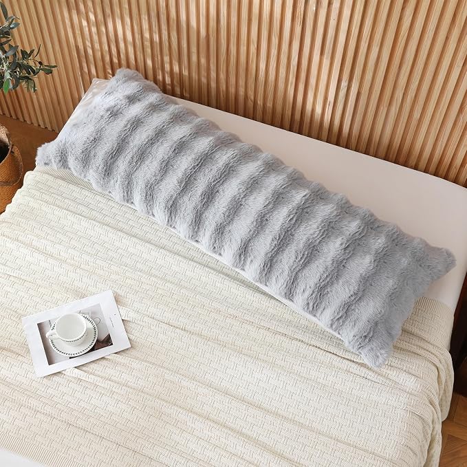 DOWNCOOL Premium Large Body Pillow Insert with Faux Rabbit Fur Cover - Large Full Body Pillows for Adults - Soft Long Bed Pillows for Side Sleepers - 20x54 inch (Grey, with Cover)