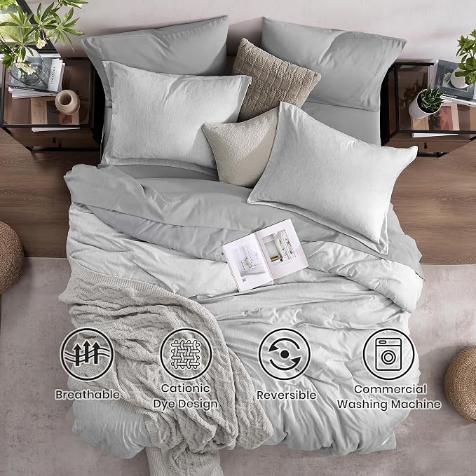 Monbix Queen Comforter Set 7 Pieces Light Grey Cationic Dyeing Bed in a Bag | Lightweight Reversible All Season Bedding Sets with Comforter, Sheets, Pillowcases & Shams