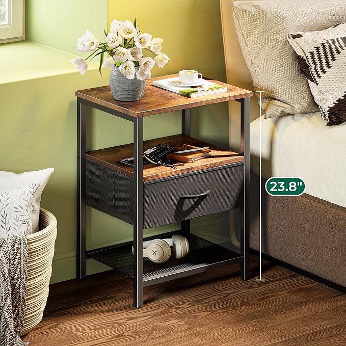 Huuger Night Stand with 2 Drawers, Bed Side Table with Open Shelf | Bedroom Nightstand, Fabric Drawer Dresser, Metal Frame, Couch Side, Living Room, Rustic Brown & Black