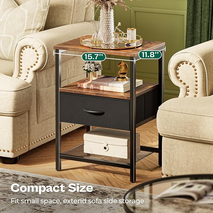 Huuger Night Stand with 2 Drawers, Bed Side Table with Open Shelf | Bedroom Nightstand, Fabric Drawer Dresser, Metal Frame, Couch Side, Living Room, Rustic Brown & Black