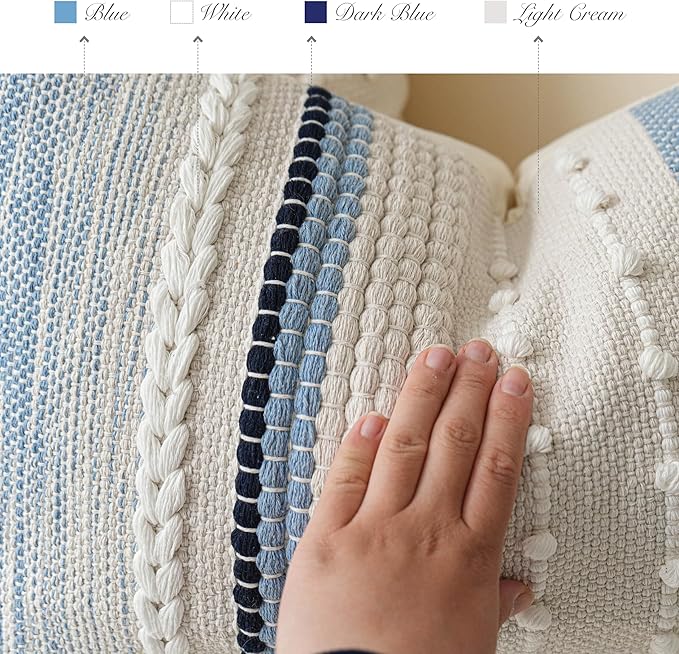 Coastal Blue Boho Decorative Throw Pillow Cover 22x22 Modern Bohemian Accent Pillow Case Square Woven Textured Farmhouse Pillows for Couch Bed (Pack of 1)