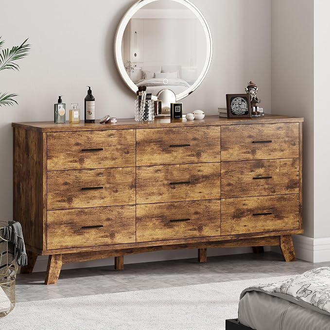 Xixini Dresser for Bedroom, 9 Drawer Wide Modern Chest of Drawers with X-Shaped Sturdy Base, Wood Double Dresser Closet Clothes Storage Organizer, Wooden TV Stand for Living Room, Hallway, Brown