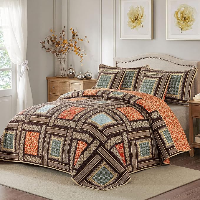 Cotton Patchwork Bedspread, 3-Piece Bedding Quilt Set with Real Stitched Embroidery, Reversible Matelasse Bed Coverlet Set,Bohemian Farmhouse,King Size