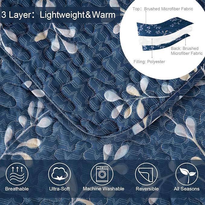 Exclusivo Mezcla Reversible Boho Quilts Queen Size Navy | Lightweight Soft Bedspreads, All Season Flowers Coverlet Bedding Set, Printed Floral Pattern, 1 Quilt and 2 Pillow Shams