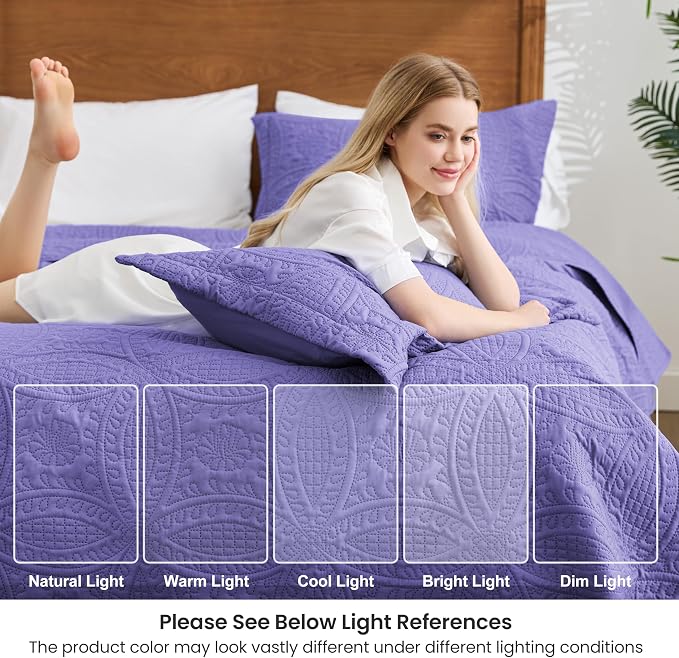 Love's cabin Quilts for Full Bed Deep Purple Bedspreads Bedding Set - Lightweight Bedspread Comforter - Coin Pattern Bedding Coverlet for All Season - 3 Pieces (1 Quilt, 2 Pillow Shams)