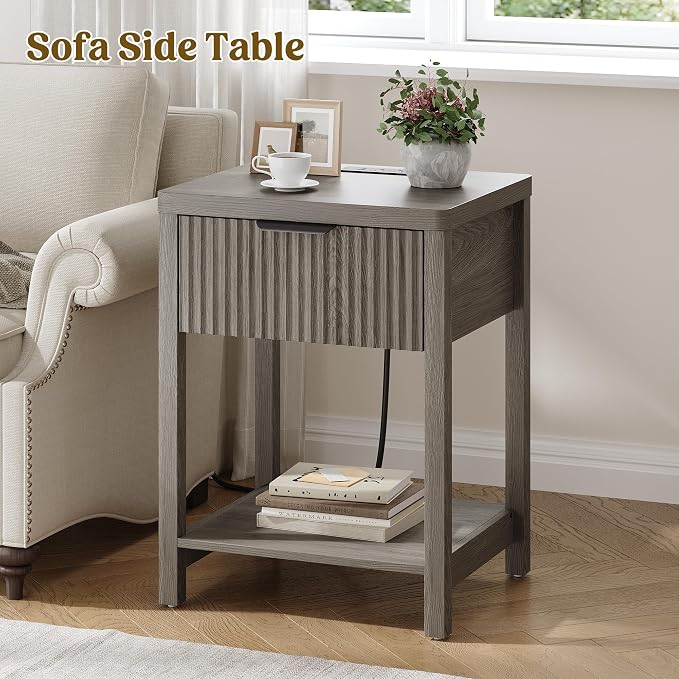 Night Stand Set 1, Fluted Wood Bedside Table w/Socket Station for Bedroom | Dark Grey, Storage Drawer, Open Shelf, Metal Silent Rails, Round Corners, Modern Fluted Panel, Living Room, Bedside Table
