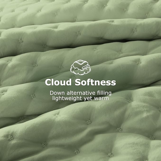 WDCOZY Sage Green Cloud Quilt Set Queen Size, Lightweight Soft Cross Stitch Bedspread, Farmhouse Rustic Country Coverlet, Spring Summer Thin Comforter, 3 Pieces, 2 Pillow Shams, 90x90 inches