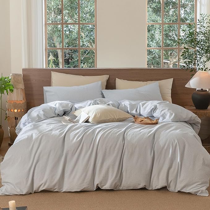 MooMee Striped Duvet Cover Set 100% Washed Cotton Linen Like Oversized King | Relaxed Linen-like Texture. Soft, Breathable & Long-lasting Comfort. Lightweight. Hidden Zipper with 8 Interior Corner Ties