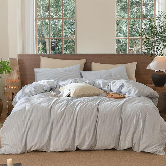 MooMee Striped Duvet Cover Set 100% Washed Cotton Linen Like King | Relaxed Linen-like Texture. Soft, Breathable & Long-lasting Comfort. Lightweight. Hidden Zipper with 8 Interior Corner Ties