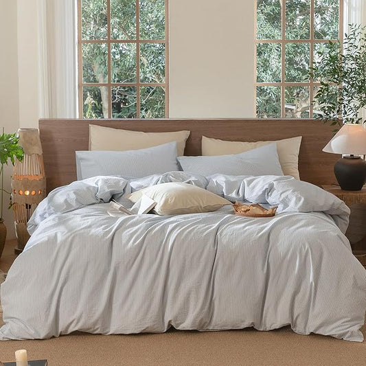 MooMee Striped Duvet Cover Set 100% Washed Cotton Linen Like Full | Relaxed Linen-like Texture. Soft, Breathable & Long-lasting Comfort. Lightweight. Hidden Zipper with 8 Interior Corner Ties