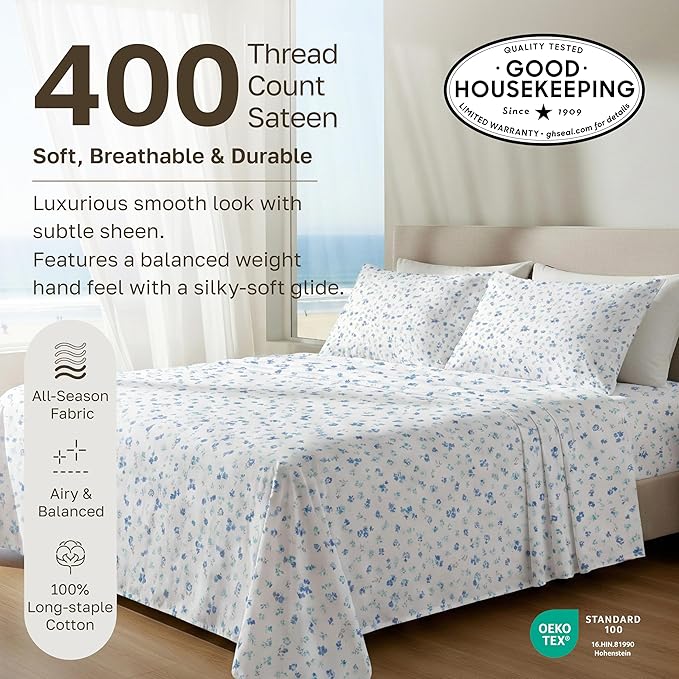 California Design Den Soft 100% Cotton Sateen Queen Bed Sheets Deep Pocket | 400 Thread Count Backed by Good Housekeeping Seal, 16" Deep Pocket, All-Around Elastic, 4 Pc Set - Floral White/Blues Print