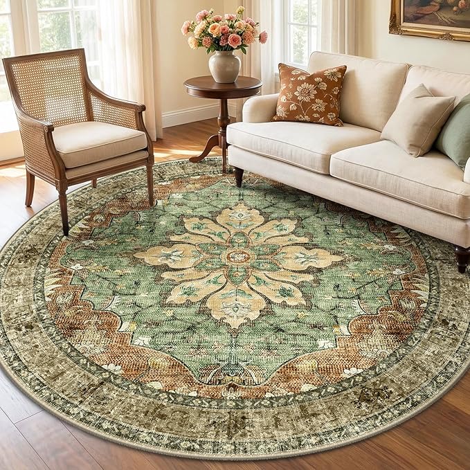 RELEANY Washable Area Rug, Round 6ft, Brick/Brown/Green | Non-Slip, Water Repellent, Pet Friendly, Easy to Clean, Vintage Floral Boho Decor for Living Room Bedroom Dining Room