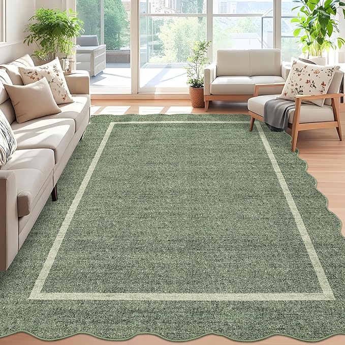 GarveeHome Scalloped Washable Rug 5x7 Area Rug for Living Room Non Slip | Modern Throw Rugs Bedroom Rugs Low Pile Soft Non Shedding Stain Resistant Carpet for Dining Room Nursery 5'x7' Greyish Green