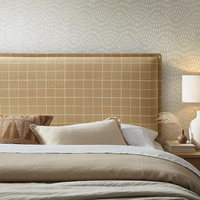 Modway Camille Full Size Checkered Linen Blend Plaid Headboard with Removable Slipcover – in Artichoke Windowpane Check - Padded Pillow Style Headboard with Adjustable Mounting for Full Beds