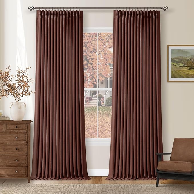 Brown Red Pinch Pleated Blackout Curtains 102 Inches Long for Bedroom | 100% Black Out, Thick Linen Dual Layer, Pinch Pleat Drapes, Farmhouse Country, Terracotta Maroon, for Dining Living Room