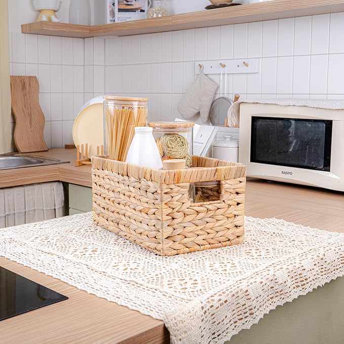 M4DECOR Set of 6 Rectangular Wicker Storage Baskets for Shelves | Water Hyacinth Storage Baskets, Pantry Baskets for Organizing, Handwoven