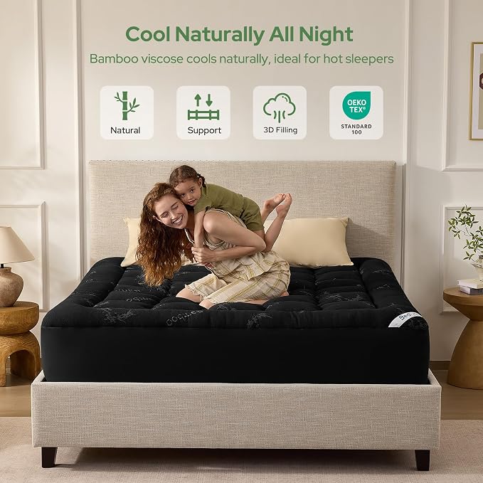 BEDLORE Twin Mattress Topper Viscose Bamboo, Thick Pillow Top Mattress Pad | Stretchable Pockets Fit 6"-15" Mattress, Soft Breathable Mattress Topper for Back Pain Relief and Hot Sleepers(Black)