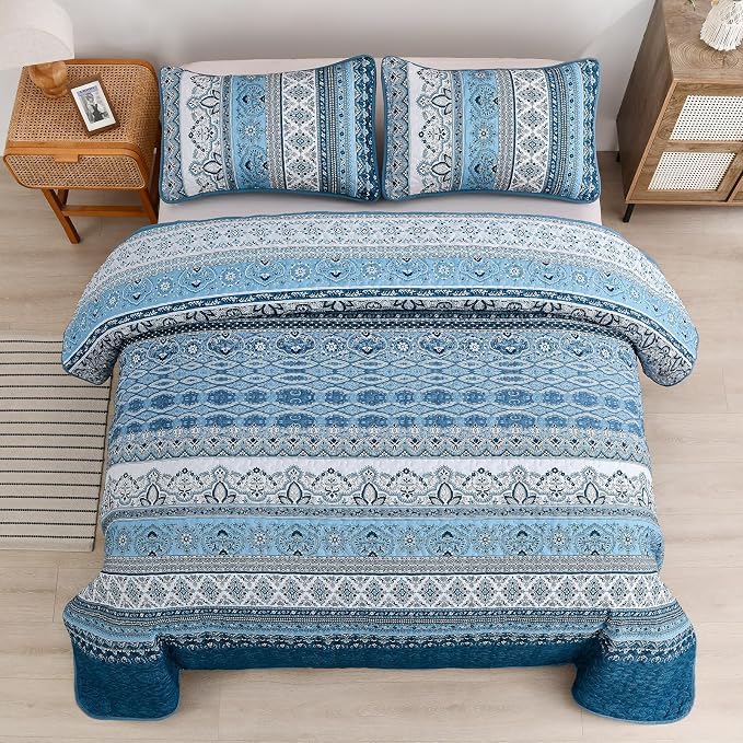 WONGS BEDDING Blue Quilt Queen Size,3 Pcs Bedspread Bedding Set | Colorful Bohemian Striped Printed Bedding for All Season, Lightweight Microfiber Coverlet Set with 2 Pillowcases( 96"x90" )