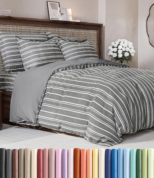 Duvet Cover King Size - 3 Piece with Zipper Closure - Grey Stripes | Extra Soft, Breathable, King Duvet Cover 104" x 90" with 2 Pillow Shams, Zipper Closures & Ties, Women, Men, Kids & Teens
