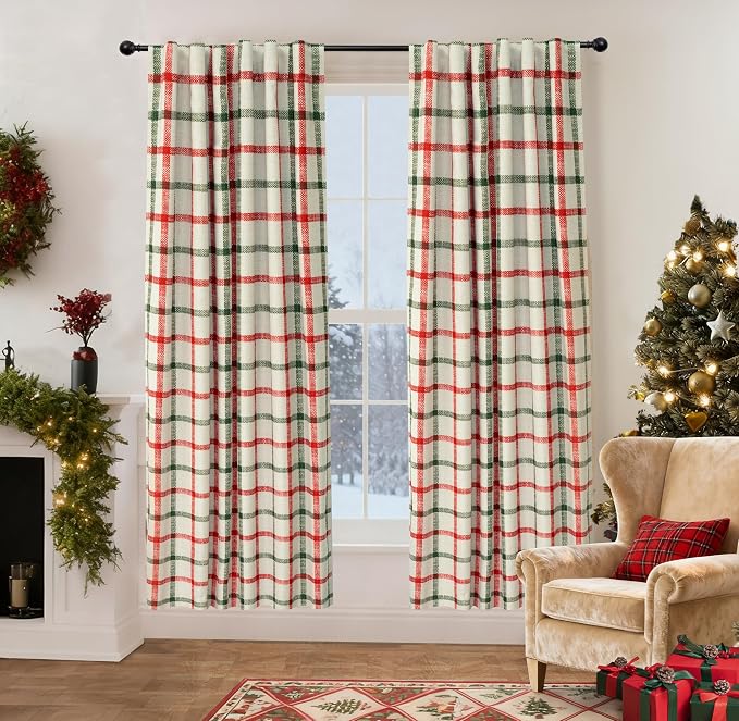 DriftAway 100% Blackout PlaidCurtains 72 Inches Long 2 Panels Red Green | 100% Blackout, Linen Texture, Plaid Pattern, Two Layers, Rod Pocket & Back Tab, Bedroom Living Room Use, Luxury Appearance