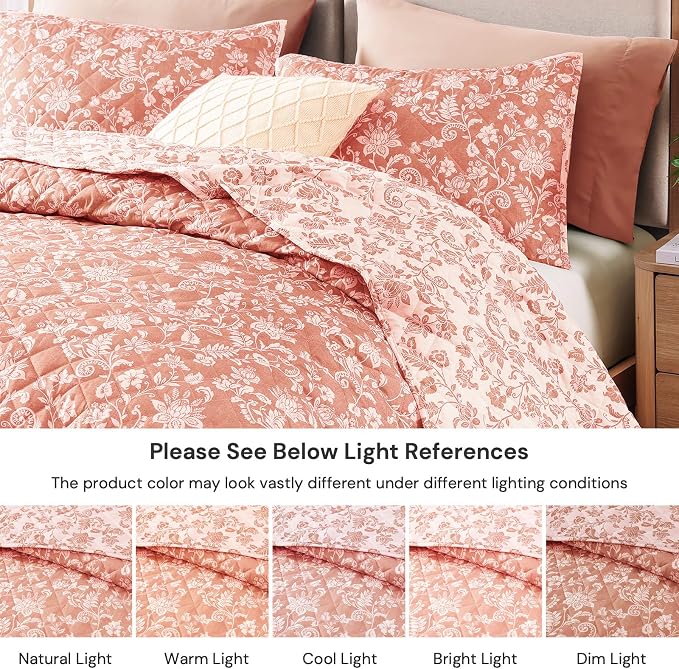 BLOOMHAVEN King Quilt Set-3 Pieces Soft Bedding Floral Reversible Coverlet | All Seasons Lightweight Quilts Queen Size for Bed, Breathable Vintage Bedspread with Shams, Clay Pink
