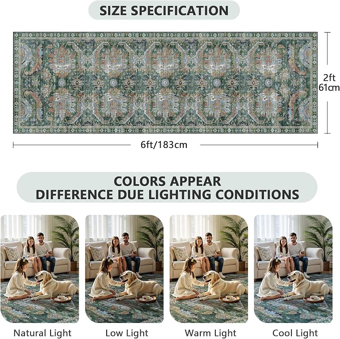 2x6 Hallway Runner Rug, Washable Vintage Retro Long Runner Rugs for Kitchen Laundry, Soft Ultra Thin Non Slip Low Pile Traditional Area Carpet for Bedroom Bathroom Indoor, Green
