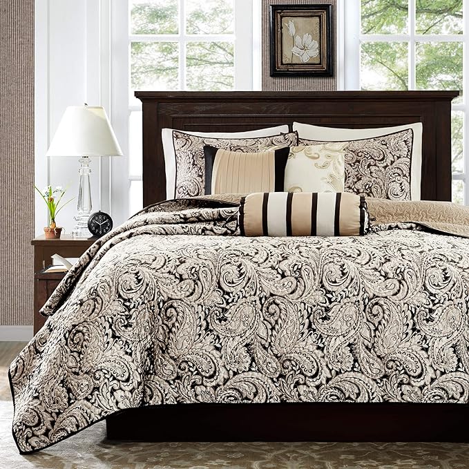 Madison Park Traditional Damask Jacquard Paisley Black King Quilt Set, 6pc | Lightweight Coverlet Bedspread Bedding Set, All Season, Machine Washable, Easy Care, Cozy, Breathable, Soft