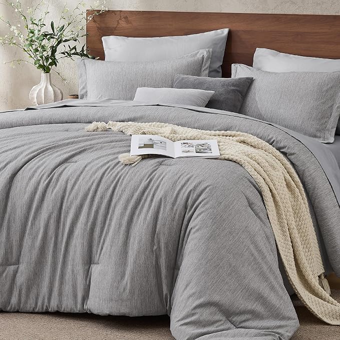 JOLLYVOGUE Grey Queen Comforter Set, Cationic Dyeing Bed in a Bag Queen 7 Pieces, Double-Tone Bedding Set with Down Alternative Comforter, Sheets, Pillowcases & Shams