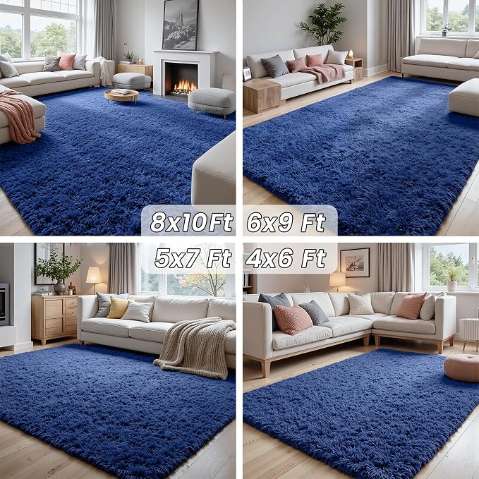 5x7 Fluffy Shag Area Rugs for Living Room Bedroom: Soft Plush Carpet Blue | Upgraded Non-Slip Thick Memory Foam, Ultra Soft, Non-Shedding Fuzzy Carpet, Easy Clean Decor for Kids Room, Nursery, Playroom