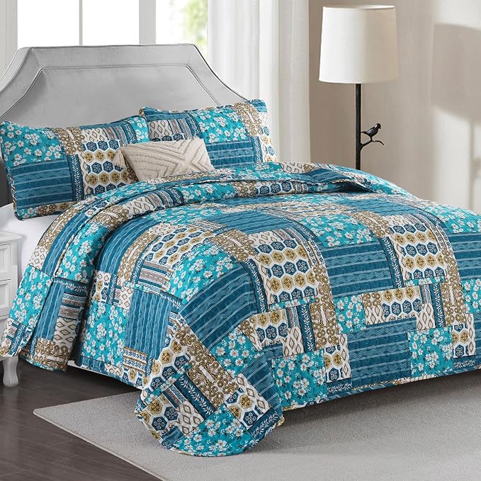 Mybedsoul Boho King Quilts, Patchwork Bedding Set, Dusty Blue | Soft Lightweight Microfiber Floral Coverlet Set, 3 Pieces Plaid Bedspread, Reversible Bed Sets for All Seasons 90"x110"