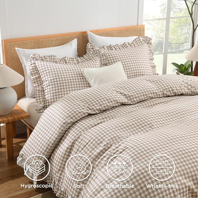 Andency Tan Gingham Duvet Cover Full, Ruffle Shabby Chic Bedding Set 3 Pcs | Farmhouse Soft Pre-Washed Polyester Comforter Cover with Zipper Closure & Corner Ties, 79x90Inch