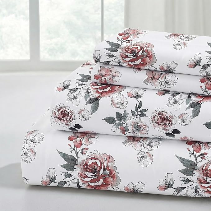 Modern Threads Printed 3-Piece Extra Soft Bedding Sheets & Pillowcase Set, Deep Pocket up to 16 inch Mattress Rose Bloom Twin