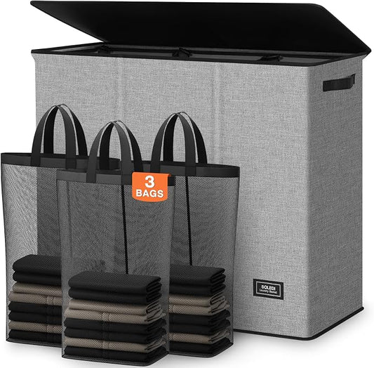 SOLEDI Large Laundry hamper 3 Section with Laundry Bag, XL Clothes Basket | 3-Section Large capacity Laundry Sorter with Odor-Blocking Lid, Robust Iron Frame & Waterproof 600D Fabric, 3 Washable Bags