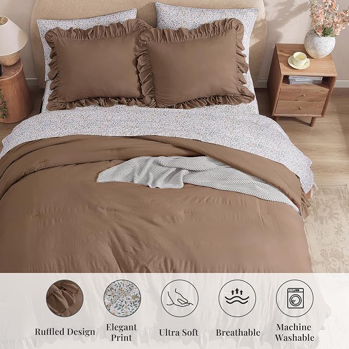 King Size Comforter Set-7 Pieces Ruffle Bedding Floral Sheet | Brown Bed in a Bag, Soft Lightweight All Season Farmhouse King Size Bedding Sets with Floral Sheets, Pillowcases & Shams
