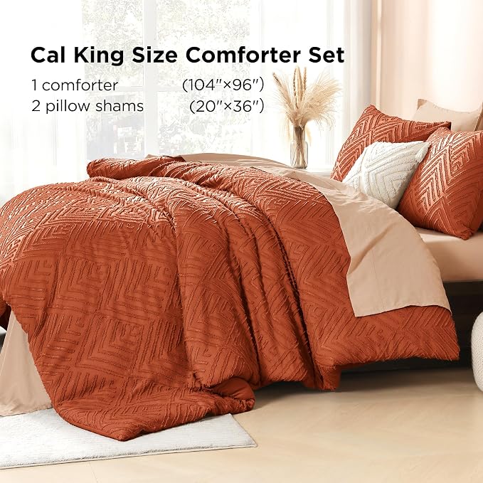 Litanika California King Comforter Set, 3 Pcs Tufted Boho Bedding Set | Terracotta Farmhouse Shabby Chic Vintage Bohemian Textured Aesthetic Soft Fluffy Lightweight Breathable All Season Bed Set