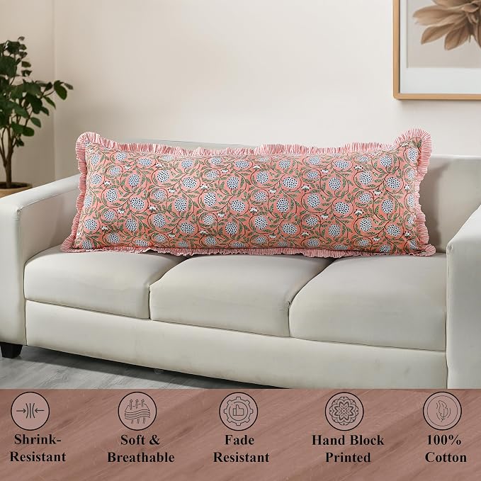 Ridhi Block Print Dark Salmon Pink Ruffle Lumbar Pillow Shams, 54" x 20" | 100% cotton, Floral Pillowcase, Cushion Cover, Hidden Zipper, Cottagecore Bedding, farmhouse boho style, fits couch, sofa,Bed