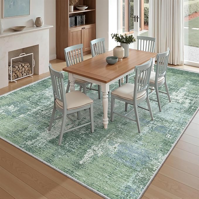 5x8 Area Rug, Abstract Washable Rugs for Living Room, Sage Green | Soft Thin & Lighweight, Folable, Stain Resistant Low Pile Non Slip Modern Distressed Carpet Rugs for Bedroom, Dining Room