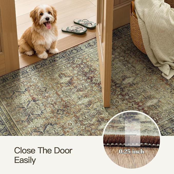 4x6 Area Rugs for Entryway, Brown Washable Non-Slip Area Rug for Kitchen | Low Pile Soft Small Rugs, Vintage-Style Carpet for Bathroom Bedroom Tool Room, Stain Resistant, Foldable Distressed Rug